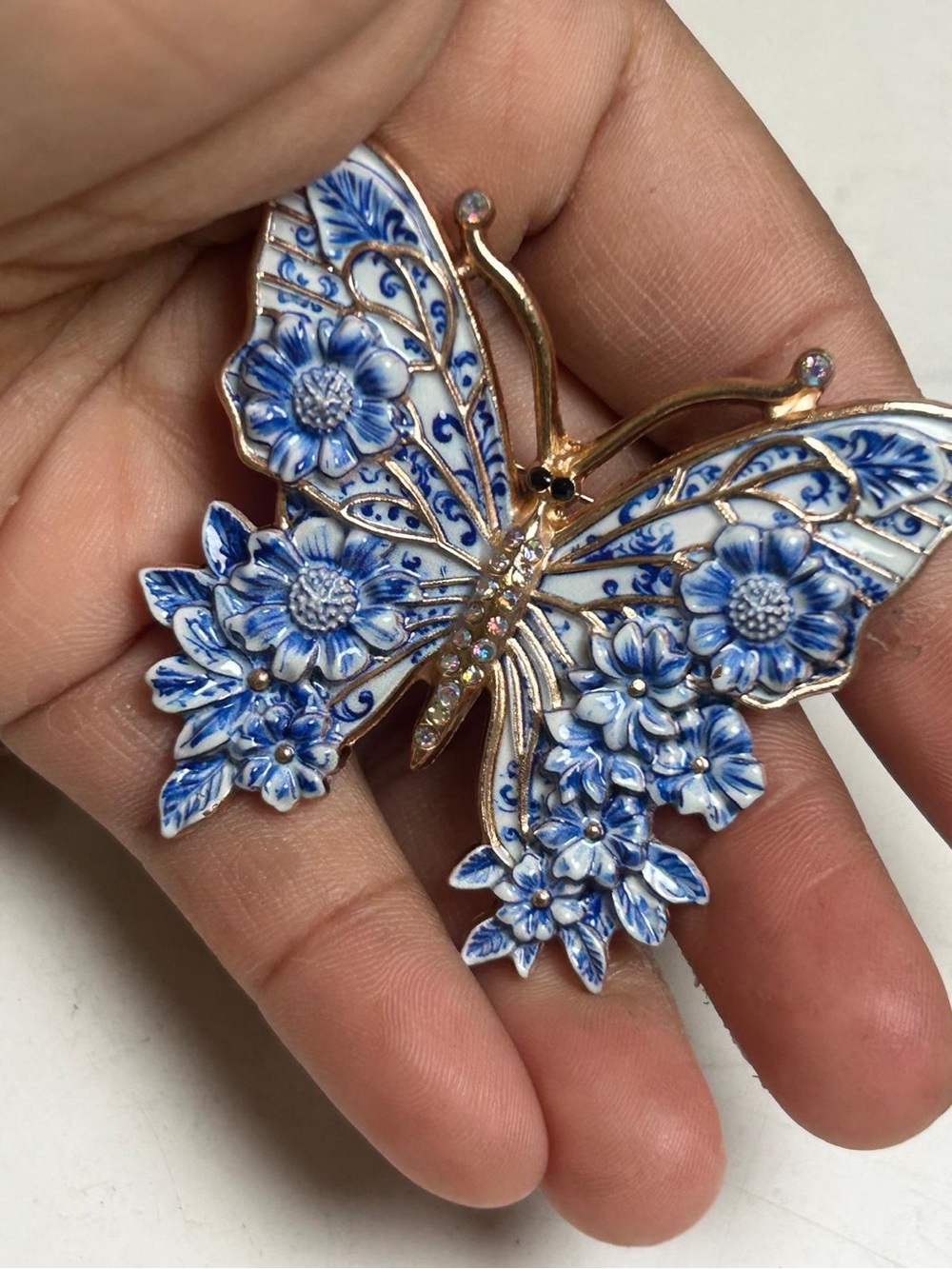 Blue and White Floral Butterfly Brooch - Women's Jewelry